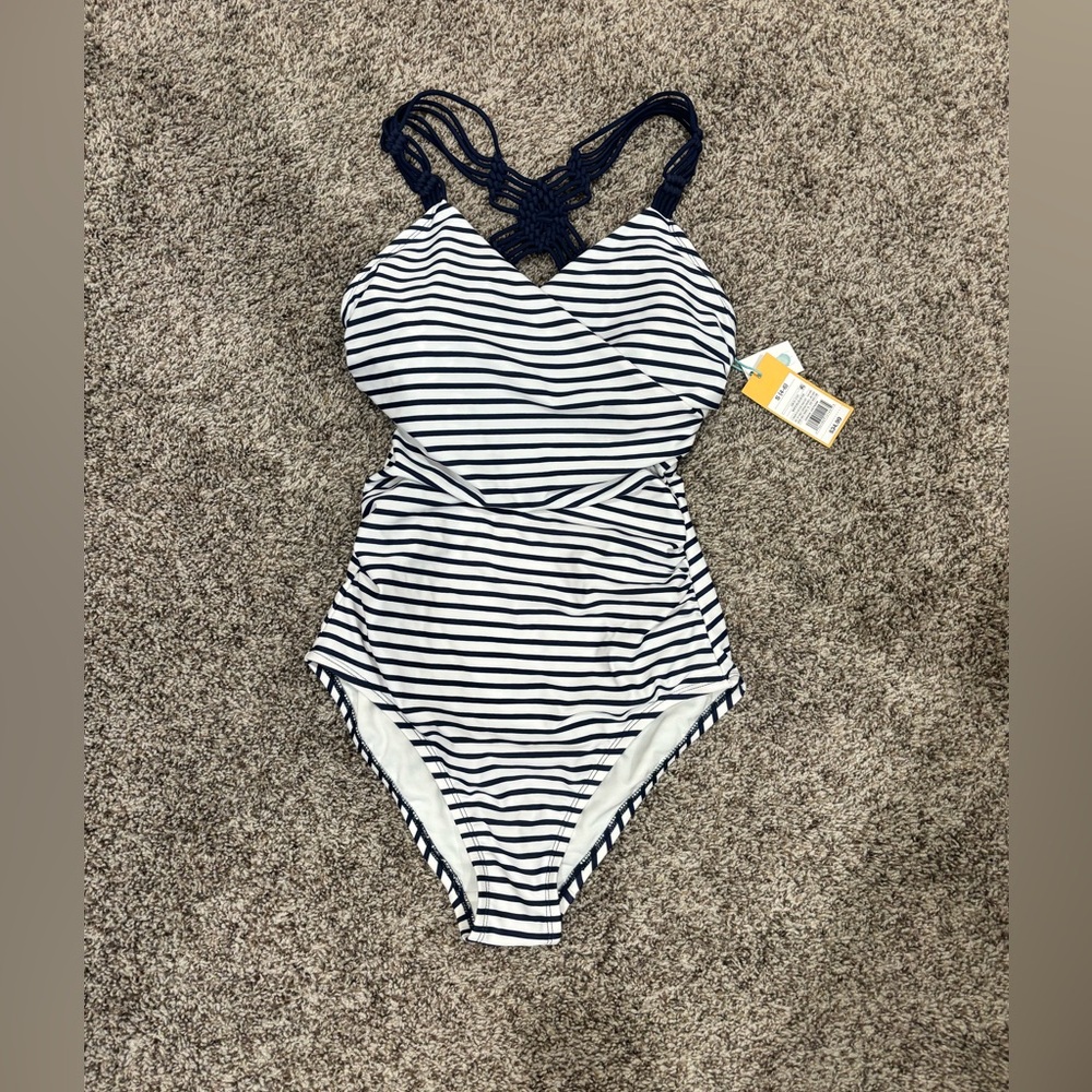 One piece swimsuit. Navy and white.